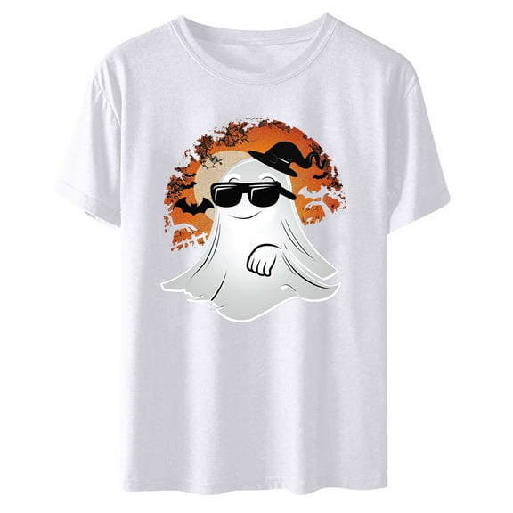LYEAA Halloween Tshirts Shirts for Women Short Sleeve Plus Size Crew Neck Regular Straight Cuff Casual Wear Ghost Holiday Clothes White 2XL