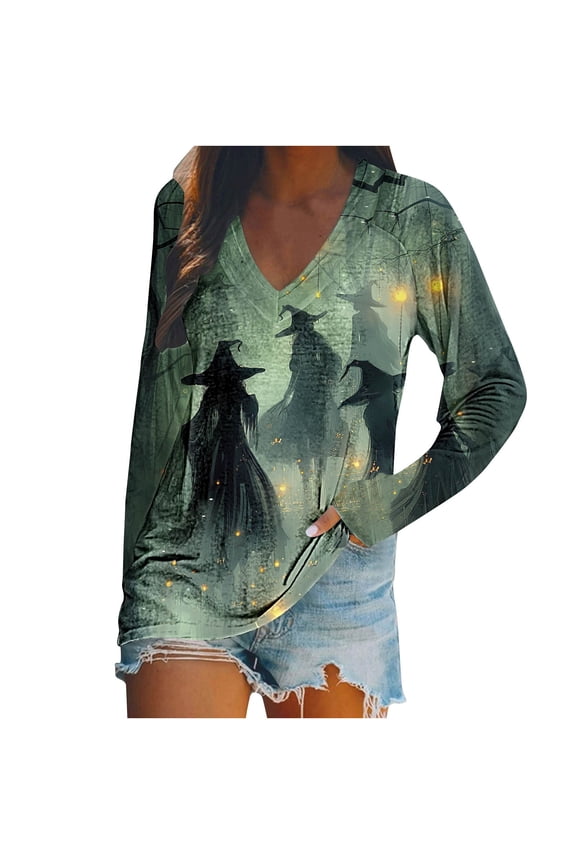 Halloween Women Graphic Tees Long Sleeve Plus Size V Neck Raglan Straight Cuff Casual Wear Witch Holiday Clothes Multicolor 2XL