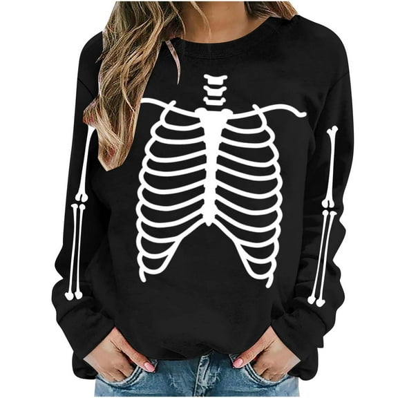 LYEAA Halloween Women Sweatshirt Long Sleeve Crew Neck Regular Ribbed Cuff Casual Wear Skull Holiday Clothes Black S