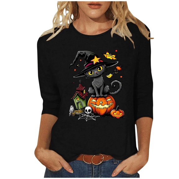 LYEAA Halloween Women's 3/4 Sleeve Tops Crew Neck Regular Straight Cuff Casual Wear Cat Holiday Clothes Black L