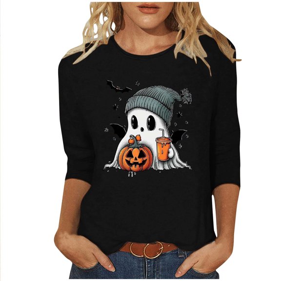 LYEAA Halloween Women's 3/4 Sleeve Tops Crew Neck Regular Straight Cuff Casual Wear Ghost Holiday Clothes Black XL