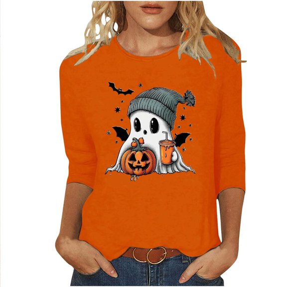 LYEAA Halloween Women's 3/4 Sleeve Tops Crew Neck Regular Straight Cuff Casual Wear Ghost Holiday Clothes Orange 2XL