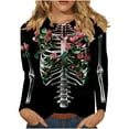 thumbnail image 1 of LYEAA Halloween Women's Graphic Tees Long Sleeve Plus Size Crew Neck Regular Straight Cuff Casual Wear Skull Holiday Clothes Black 2XL, 1 of 1