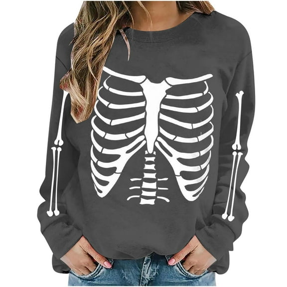 LYEAA Halloween Women's Sweatshirt Long Sleeve Crew Neck Regular Ribbed Cuff Casual Wear Skull Holiday Clothes Gray S