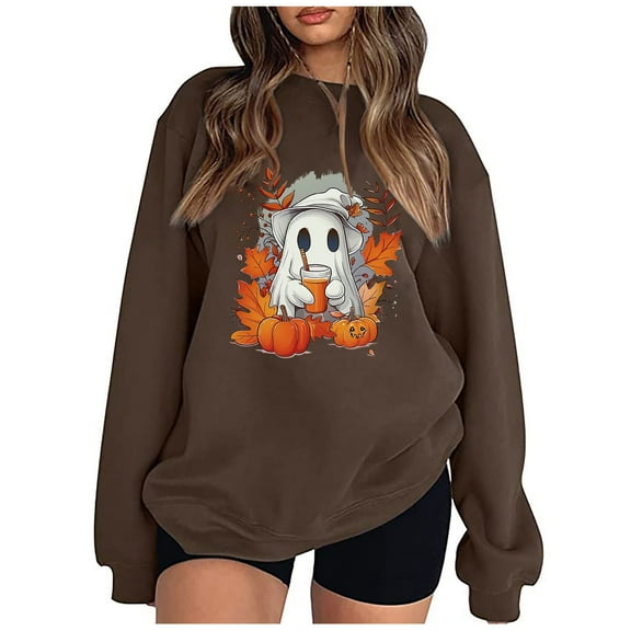 LYEAA Halloween Women's Sweatshirt Long Sleeve Crew Neck Regular Ribbed Cuff Oversized Casual Wear Ghost Holiday Clothes Coffee M