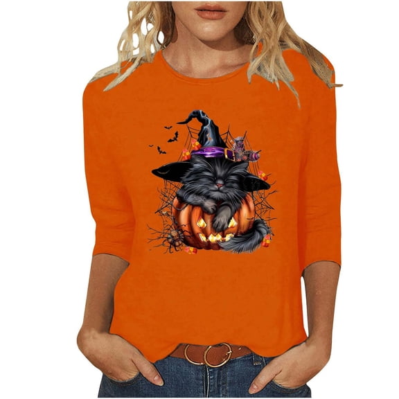 LYEAA Halloween Womens 3/4 Sleeve Tops Crew Neck Regular Straight Cuff Casual Wear Cat Holiday Clothes Orange M