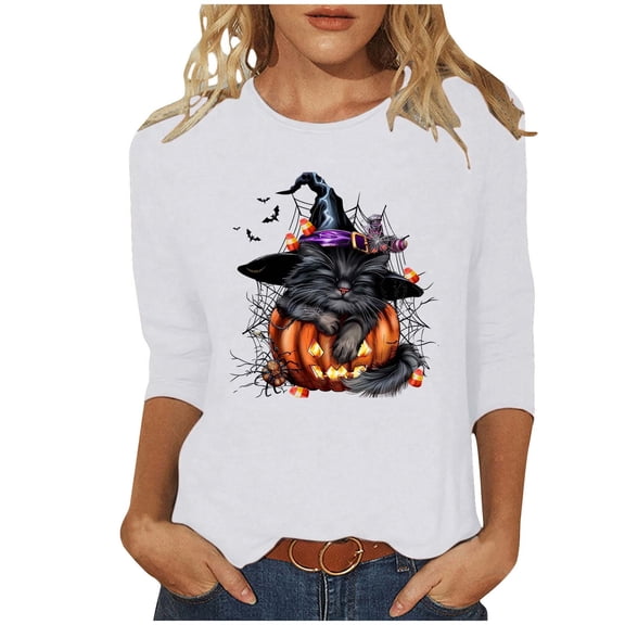 LYEAA Halloween Womens 3/4 Sleeve Tops Crew Neck Regular Straight Cuff Casual Wear Cat Holiday Clothes White L
