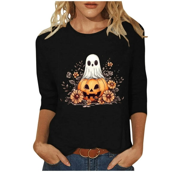 LYEAA Halloween Womens 3/4 Sleeve Tops Crew Neck Regular Straight Cuff Casual Wear Ghost Holiday Clothes Black XL
