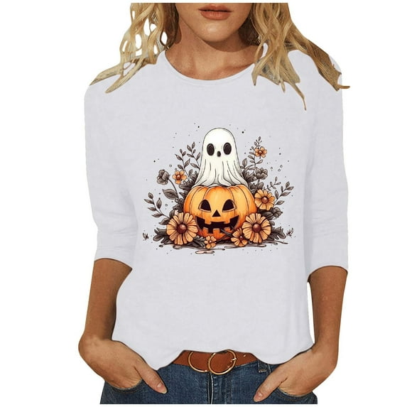 LYEAA Halloween Womens 3/4 Sleeve Tops Crew Neck Regular Straight Cuff Casual Wear Ghost Holiday Clothes White S