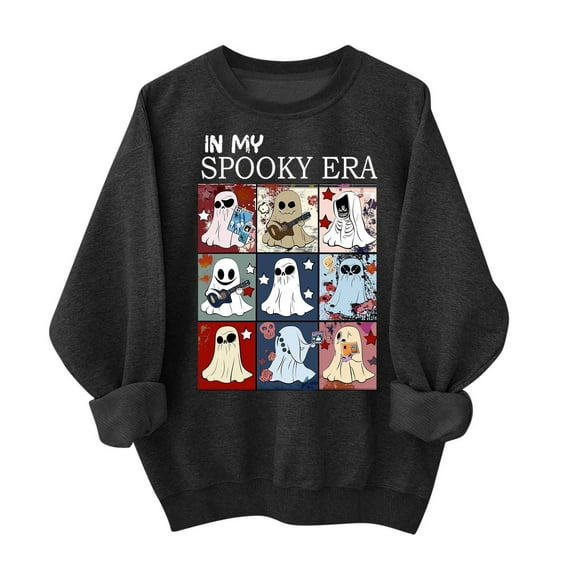 LYEAA Halloween Womens Crewneck Sweatshirt Long Sleeve Regular Ribbed Cuff Casual Wear Ghost Holiday Clothes Black S
