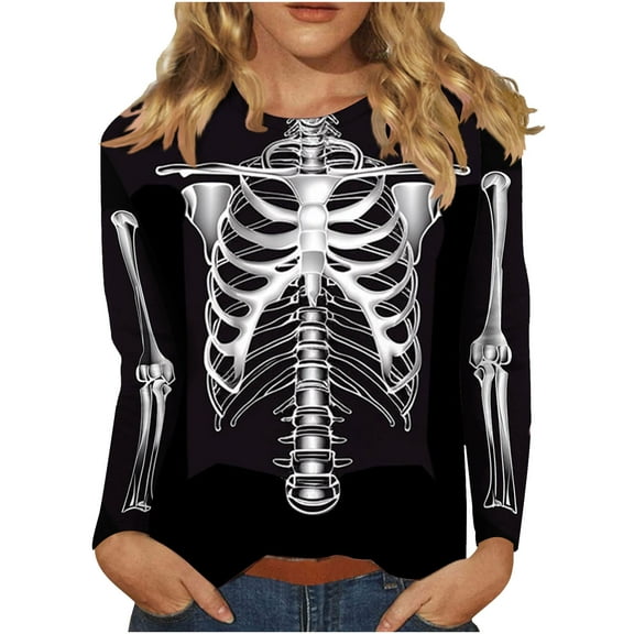 LYEAA Halloween Womens Graphic Tees Long Sleeve Plus Size Crew Neck Regular Straight Cuff Casual Wear Skull Holiday Clothes Black L