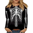 thumbnail image 1 of LYEAA Halloween Womens Graphic Tees Long Sleeve Plus Size Crew Neck Regular Straight Cuff Casual Wear Skull Holiday Clothes Black S, 1 of 1