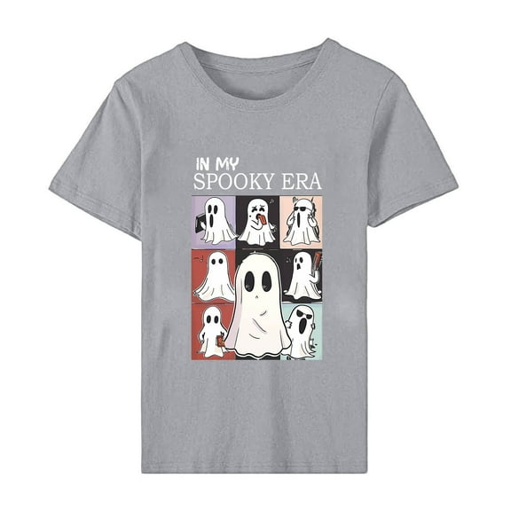 LYEAA Halloween Womens Short Sleeve Tops Crew Neck Regular Straight Cuff Casual Wear Ghost Holiday Clothes Gray 2XL