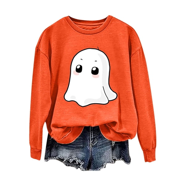 LYEAA Halloween Womens Sweatshirts Long Sleeve Crew Neck Regular Ribbed Cuff Casual Wear Ghost Holiday Clothes Orange XL