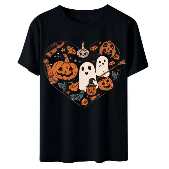 LYEAA Halloween Womens T Shirts Short Sleeve Plus Size Crew Neck Regular Straight Cuff Casual Wear Ghost Holiday Clothes Black M