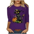 thumbnail image 1 of LYEAA Halloween Womens Tops 3/4 Sleeve Crew Neck Regular Straight Cuff Casual Wear Cat Holiday Clothes Purple M, 1 of 1