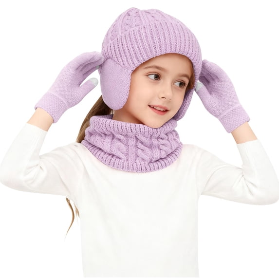 LYEAA Hat Gloves Scarf Set for Girls 3 Piece Thick Knitted Warm Fleece Lined Cold Weather Gear Purple 2-18 Years