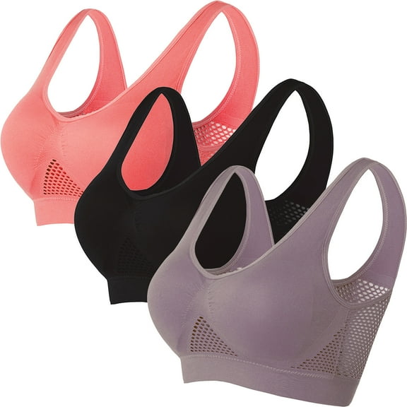 LYEAA High Support Sports Bras for Women Plus Size 3 Pack Wireless Cool thin Yoga Bra Solid Stretch Fitness Workout Bra Full Cup Comfort T-Shirt Bra Pullover Breathable Sleeping Bras Multicolor S