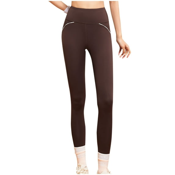 LYEAA High Waisted Leggings with Pockets Butt Lifting Pants Full Length Workout Elastic Yoga Pants Mesh Stretch Shapewear Running Fitted Sports Casual Soft Pants Breathable Pants Brown XL