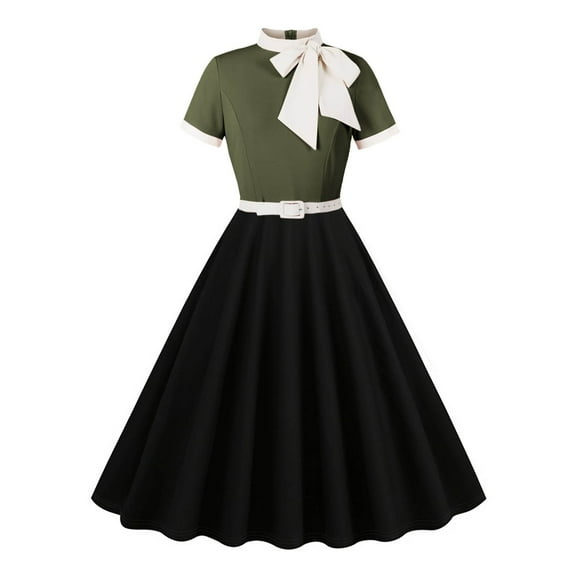 LYEAA Holiday Party Dress A-Line Short Sleeve Crew Neck Midi Dress Flowy Elegant Homecoming Dress Color Block Belted Dress 1950s Vintage Fashion Dress Ball Gown Wedding Guest Dress for Women Green S