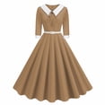 thumbnail image 1 of LYEAA Holiday Party Dress Half Sleeve Lapel Collared Midi Dress Flowy Elegant Homecoming Dress A-line Color Block Belted Dress 1950s Vintage Dress Ball Gown Wedding Guest Dress for Women Brown M, 1 of 8