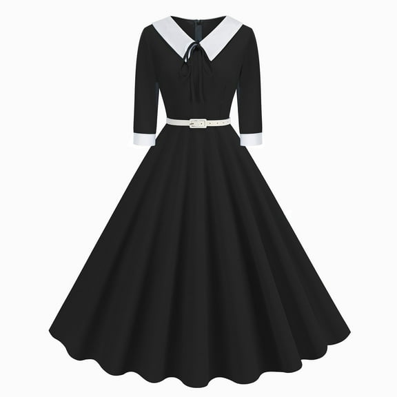 LYEAA Holiday Party Dress Half Sleeve Lapel Collared Midi Dress Flowy Elegant Homecoming Dress A-line Color Block Belted Dress 1950s Vintage Dress Ball Gown Wedding Guest Dress for Women Black M