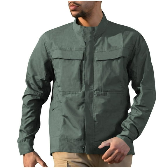 LYEAA Hoodless Jackets for Men Multi Pocket Windproof Waterproof Stand up Collar Solid Color Sports Coat