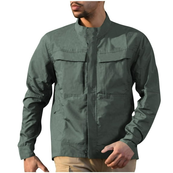 LYEAA Hoodless Jackets for Men Multi Pocket Windproof Waterproof Stand up Collar Solid Color Sports Coat