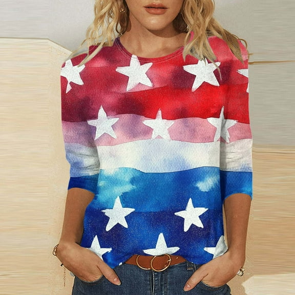 LYEAA Independence Day Womens Tops 3/4 Sleeve American Flag Blouse Fourth of July Graphic Tee Soft Cotton Casual Summer Shirt Relaxed Fit Holiday Party Wear Red M