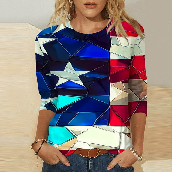 LYEAA July 4th Celebration Womens 3/4 Sleeve T-Shirt American Flag Print Round Neck Casual Cotton Top Independence Day Outfit Blue S