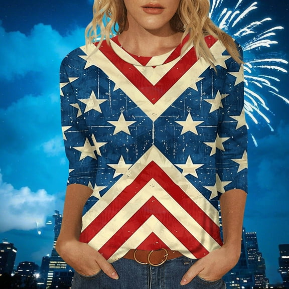 LYEAA July 4th Celebration Womens 3/4 Sleeve T-Shirt American Flag Print Round Neck Casual Cotton Top Independence Day Outfit Multicolor S