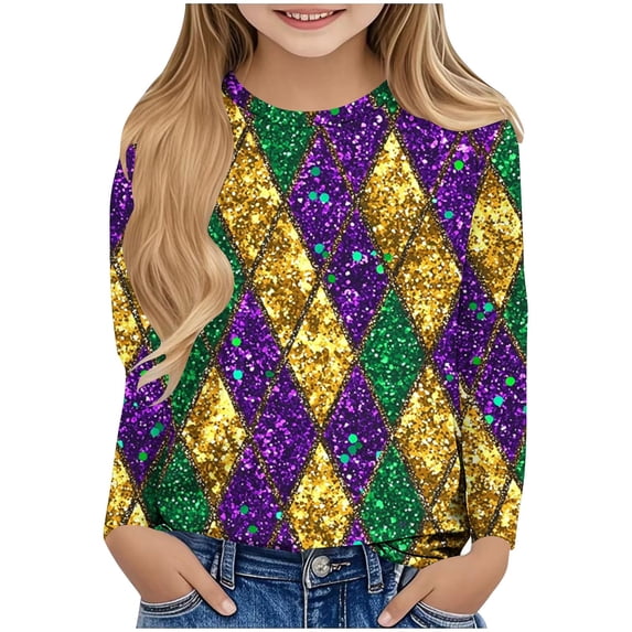 LYEAA Kids Mardi Gras Shirts Crewneck Long Sleeve Pullover Tees Carnival Sequin Print Blouses Lightweight Party Tops