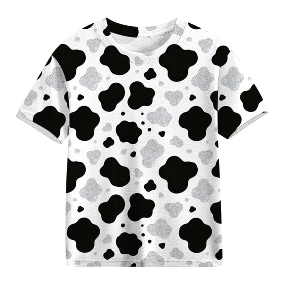 LYEAA Kids T Shirts Graphic Crewneck Short Sleeve Basic Tee Lightweight Pullover Cow Print Funny Casual Tops Silver 4T