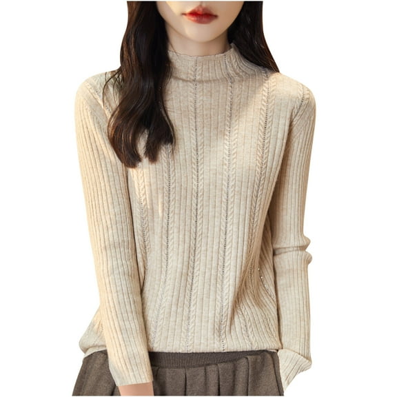 LYEAA Knitted Sweater Women Pullover Long Sleeve Round Neck Lightweight Solid Color Sweater Top