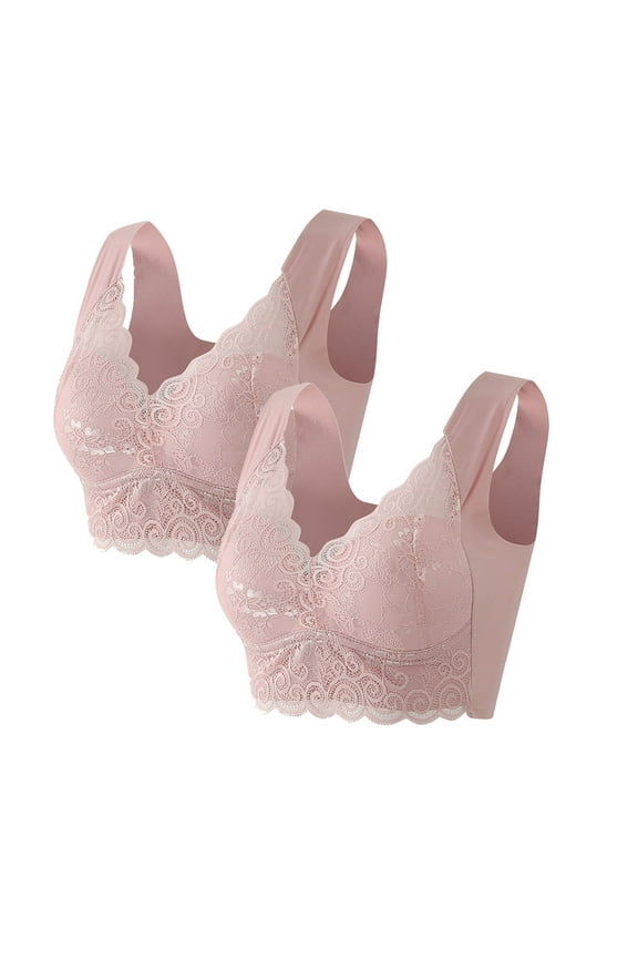 Lace Bras for Women Plus Size 2 Pack No Wire Wirefree Everyday Bras Push up Breathable Wireless Pullover Sleep Bras Comfort Lifting Support Shaping Full Figure Soft Stretch T-Shirt Bras Pink M