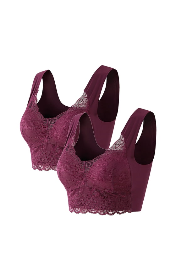 Lace Bras for Women Plus Size 2 Pack No Wire Wirefree Everyday Bras Push up Breathable Wireless Pullover Sleep Bras Comfort Lifting Support Shaping Full Figure Soft T-Shirt Bras Purple 4XL