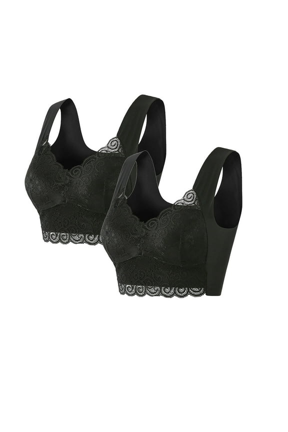 Lace Bras for Women Plus Size 2 Pack No Wire Wirefree Everyday Bras Push up Breathable Wireless Pullover Sleep Bras Comfort Lifting Support Shaping Full Figure Soft T-Shirt Bras Black XL