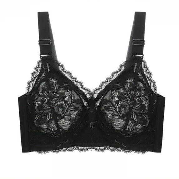 LYEAA Lace Bras for Women Wireless Plus Size Bralette Full Coverage Breathable Soft Comfortable Everyday Bra Black 46