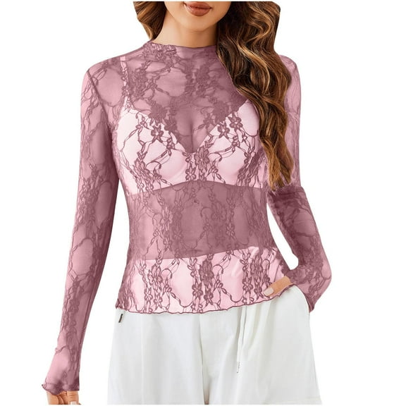 LYEAA Lace Long Sleeve Tops for Women Crew Neck Solid Color Sheer Mesh Fitted T-Shirts Casual Dressy Comfort Fashion Pullover Red S