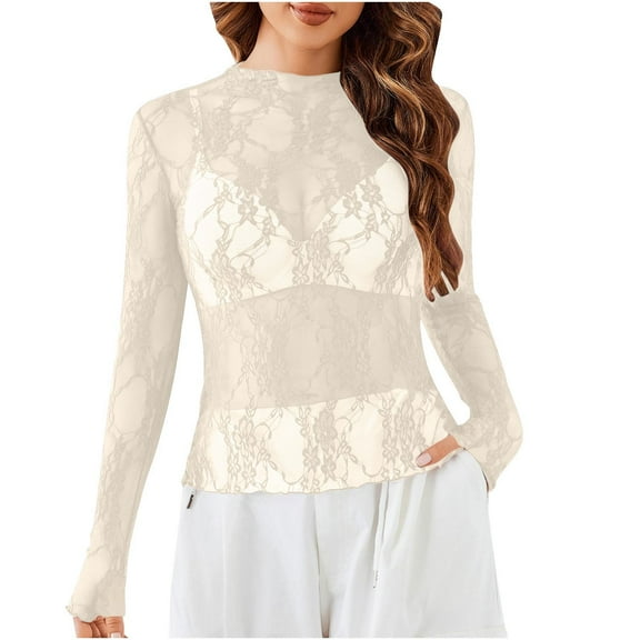 LYEAA Lace Long Sleeve Tops for Women Crew Neck Solid Color Sheer Mesh Fitted T-Shirts Casual Dressy Comfort Fashion Pullover Yellow XL