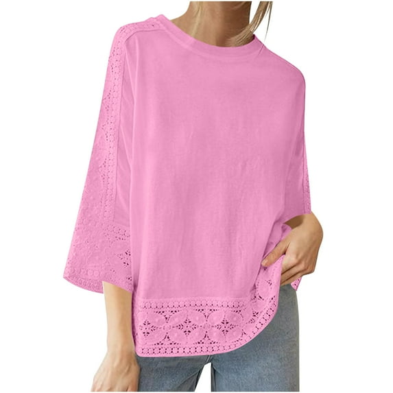 LYEAA Lace Tops for Women 3/4 Sleeve Crew Neck Solid Color Loose T-Shirts Casual Dressy Comfort Fashion Pullover Pink S