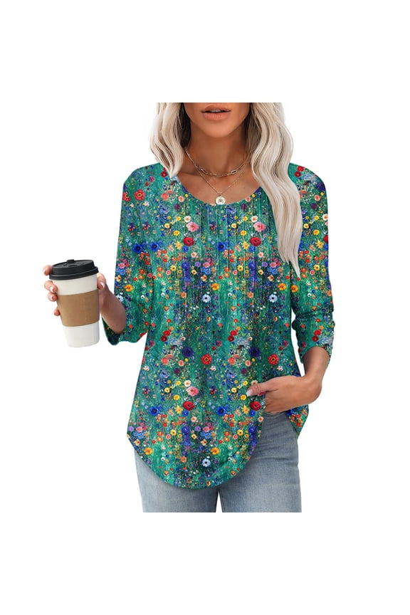 Ladies 3/4 Length Sleeve Blouse Soft Linen Loose Fit Tunic Top, Casual Round Neck Shirts for Yoga/Beach/Shopping Multicolor M