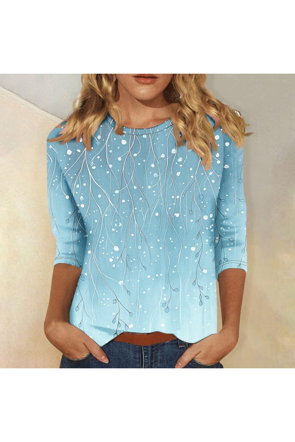 Ladies 3/4 Length Sleeve Tops Soft Cotton Blend Relaxed Fit Tee, Breathable Round Neck Shirts for Yoga/Exercises/Shopping Light Blue L