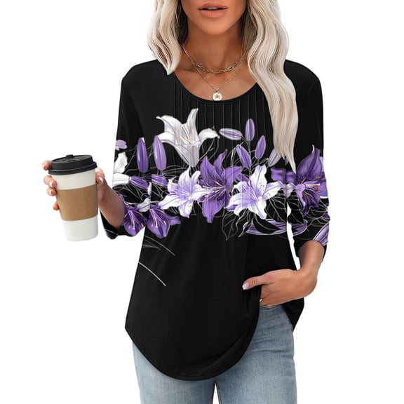 LYEAA Ladies 3/4 Sleeve Crew Neck Floral Print Blouse with Front Pleated Detail Soft Stretch Fabric Casual Office Wear Summer Tunic Tops Multicolor XL