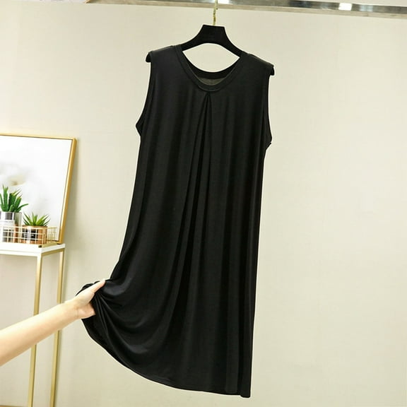 LYEAA Ladies Dresses Plus Size Sleeveless Casual Elegant Loose Midi Dresses V Neck Solid Fashion Flowy Summer Women's Comfortable Dresses Black XL