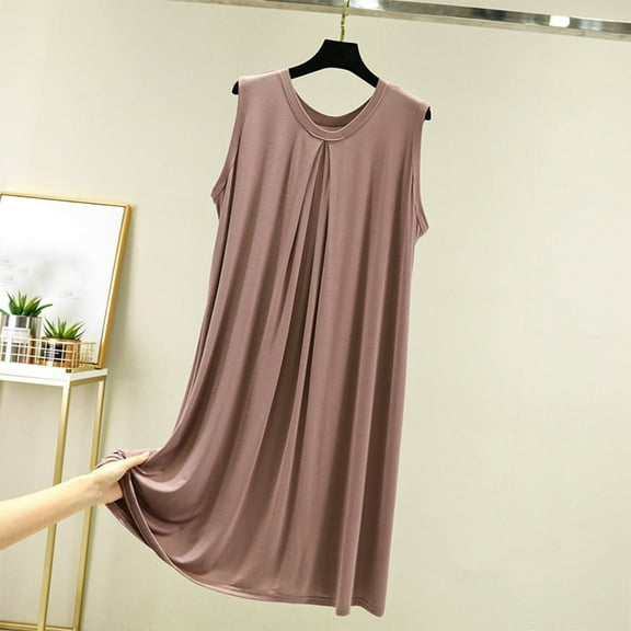 LYEAA Ladies Dresses Plus Size Sleeveless Casual Elegant Loose Midi Dresses V Neck Solid Fashion Flowy Summer Women's Comfortable Dresses Brown XL