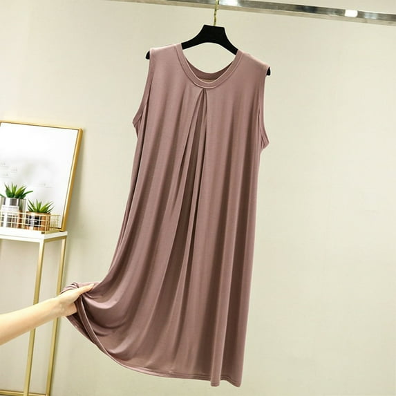 LYEAA Ladies Dresses Plus Size Sleeveless Casual Elegant Loose Midi Dresses V Neck Solid Fashion Flowy Summer Women's Comfortable Dresses Brown XL