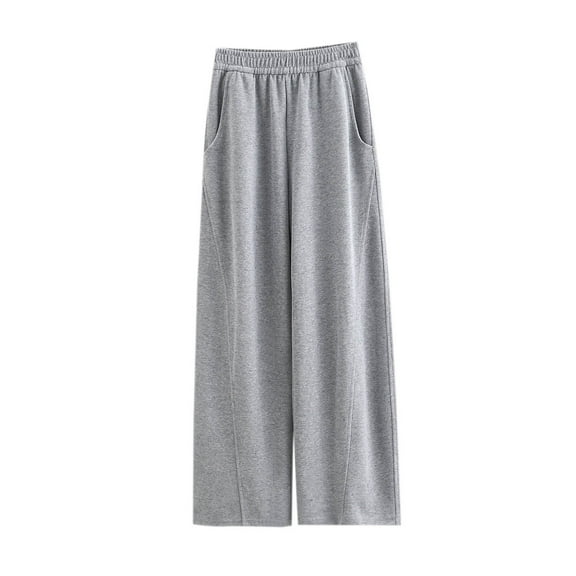 LYEAA Ladies Pants with Pockets and Elastic Waist Tall Wide Leg Straight Pants Casual Solid Color Baggy Comfort Pants Soft Loose Womens Pants Gray M