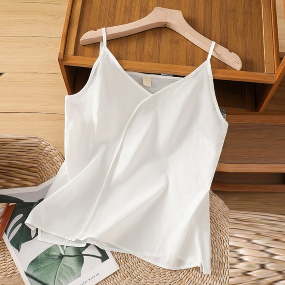 LYEAA Ladies Tank Tops Plus Size Spaghetti Strap Loose Summer Casual Beach Cami Shirt Solid V Neck Sleeveless Vintage Breathable Fashion Womens Pullover Shirts White 2XL