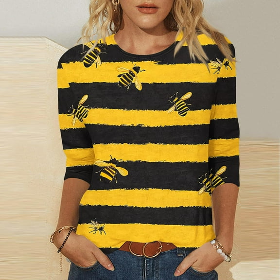 LYEAA Ladies' Three Quarter Sleeve Festival Blouse Bee Pattern Round Neck Casual Tops Soft Cotton Summer Comfort Wear Yellow L